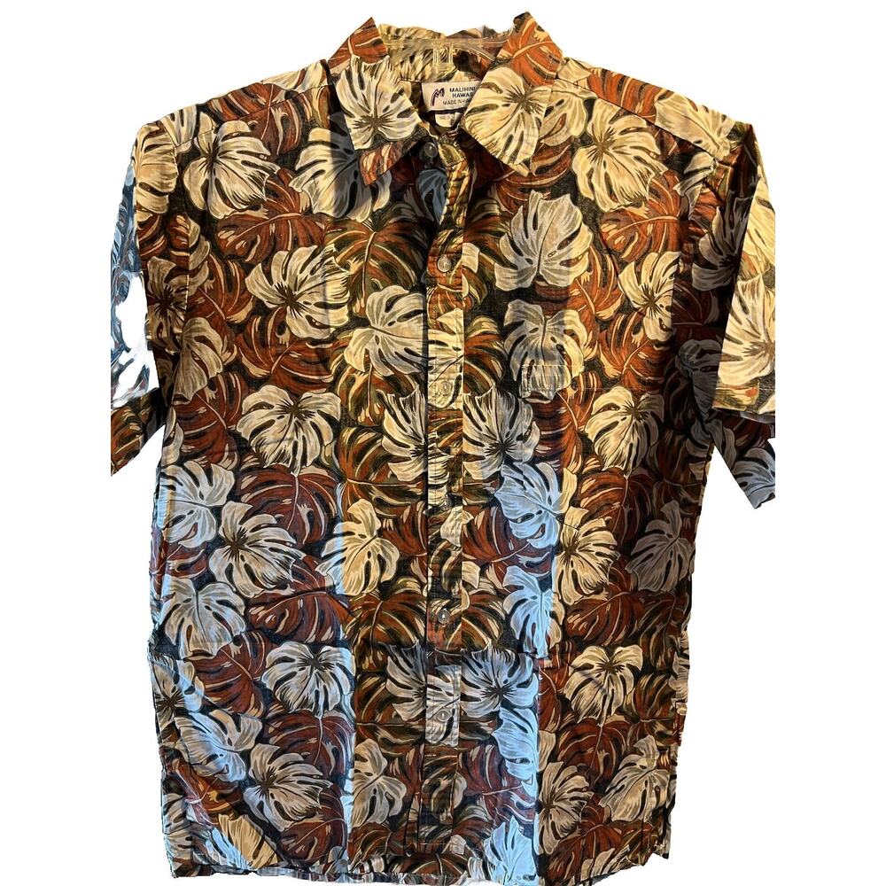 Malihini VTG Mens L White Red Floral Monstera SS Button Up Cotton Hawaiian Shirt